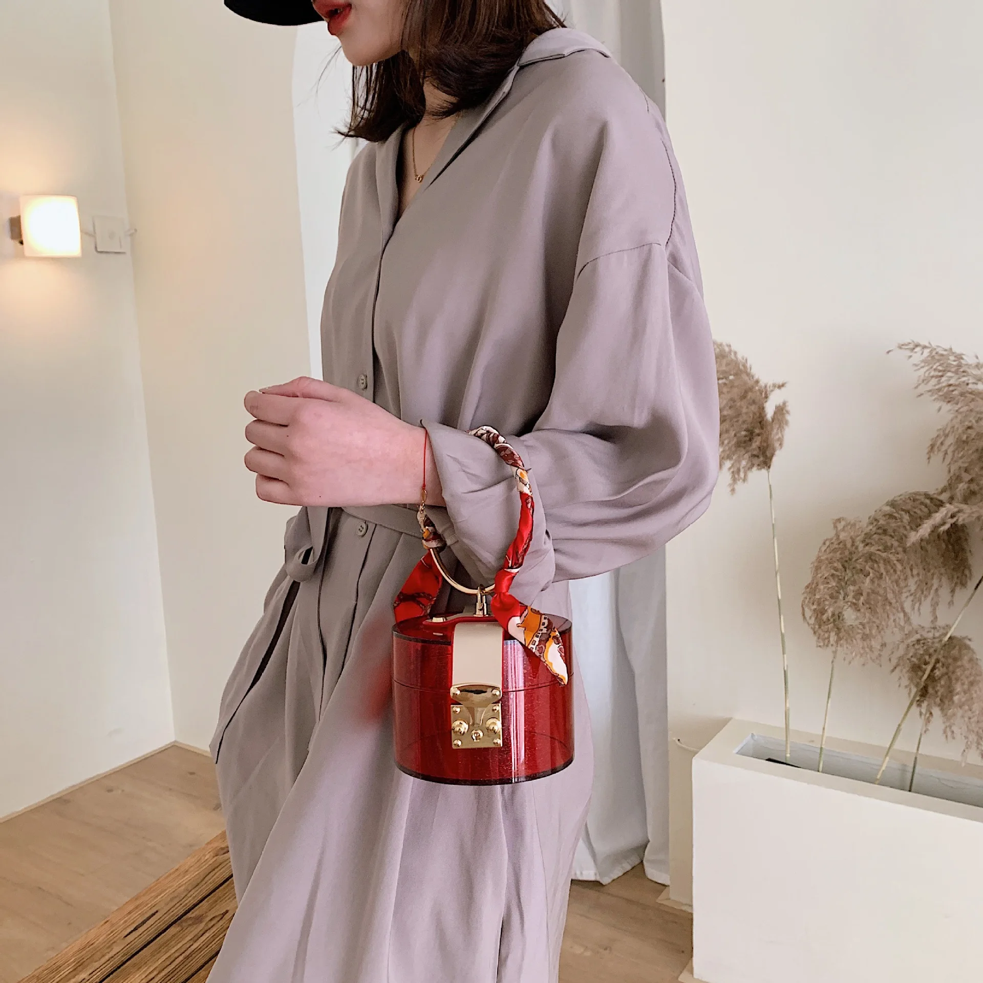 PVC Jelly Clear Top-Handle Bags for Women 2021 New Versatile Female Bucket Handbag with Sweet Scarves Spring Summer Ladies Bag