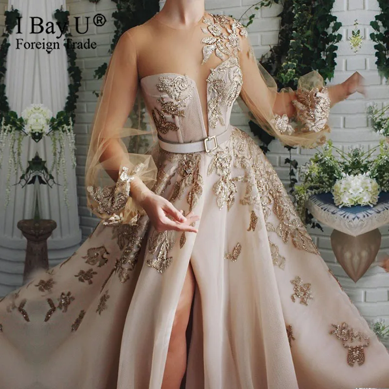 Кружевное вечернее платье цвета шампань с бусинами 2020 Пышный рукав Блестящий