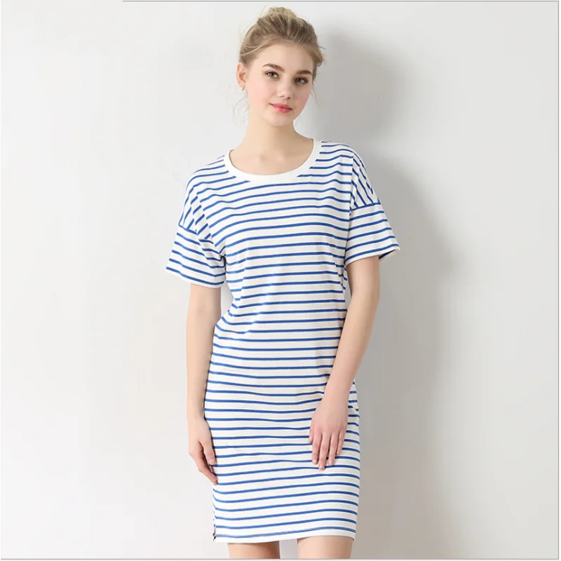 Summer Female Casual striped Nighty dress Ladies Mo Cotton Nightgown Women O-neck collar Short Sleeve Plus size sleepshirt | Женская