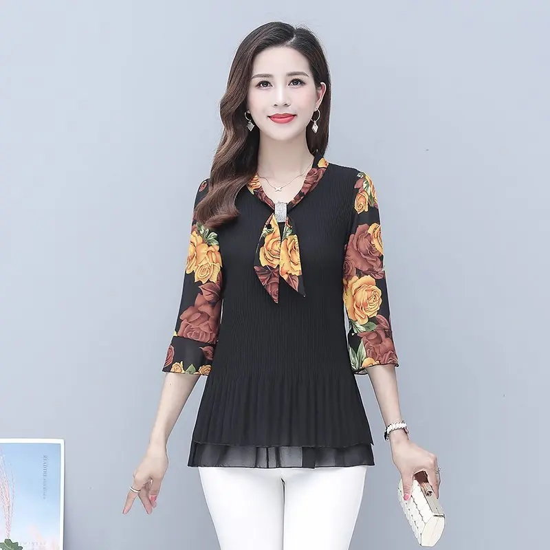 

5XL Plus Size Women Blouses 2019 Fashion autumn bow collar 3/4 Sleeve FLORAL Shirt Female Casual tops blusas femininas elegante