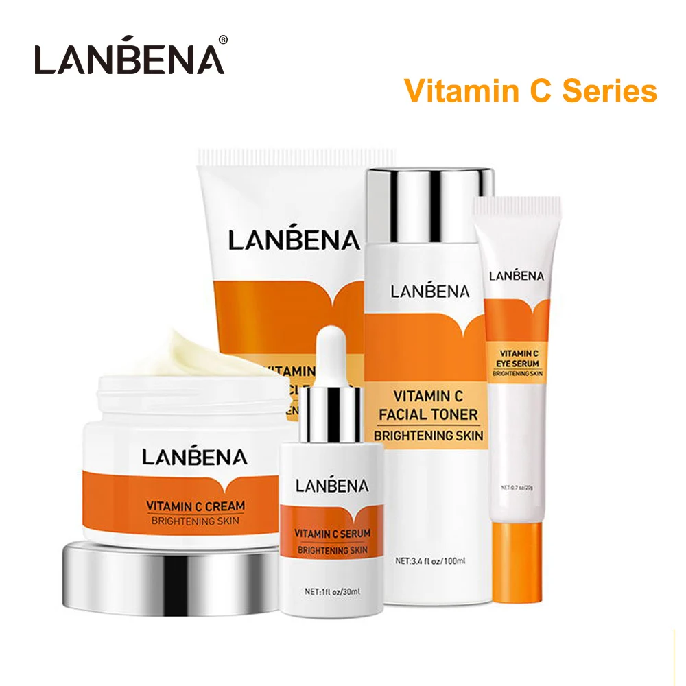 LANBENA Vitamin C 5Pcs Whitening Face Care Kit Serum Facial Cream Eye Serum Toner VC Essence Cleanser Freckle Whitening