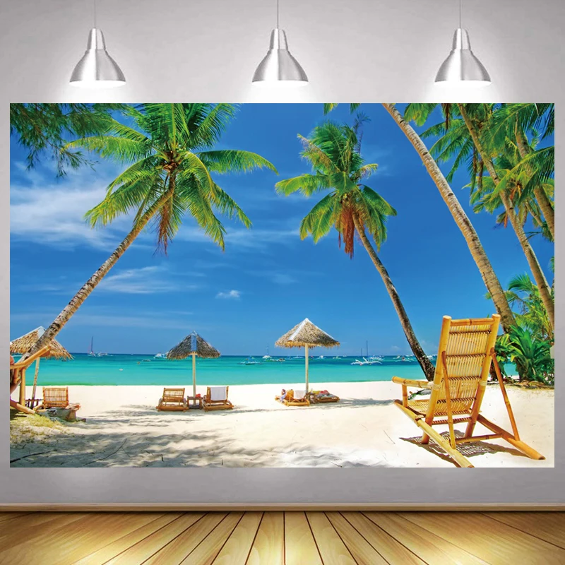 

Фон для свадебной фотосъемки с изображением тропического пляжа пальмы моря облаков баннер для фотосессии