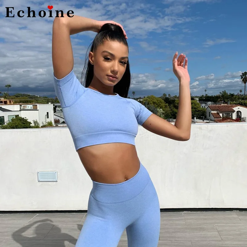 Летний женский комплект из 2 предметов однотонный спортивный костюм для фитнеса