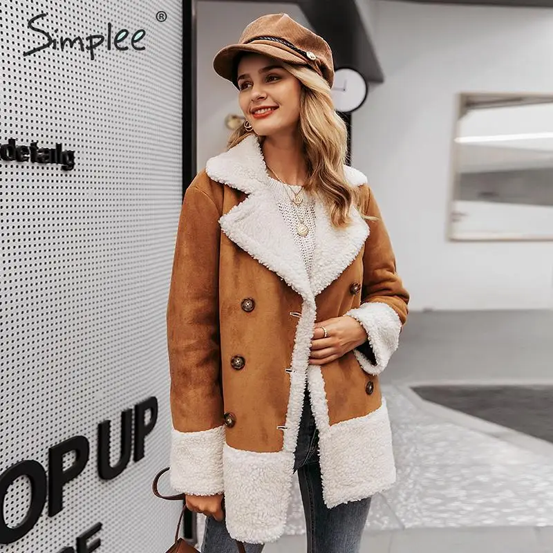 Simplee винтажные коричневый осенние пальто замшевые лоскутные изделия