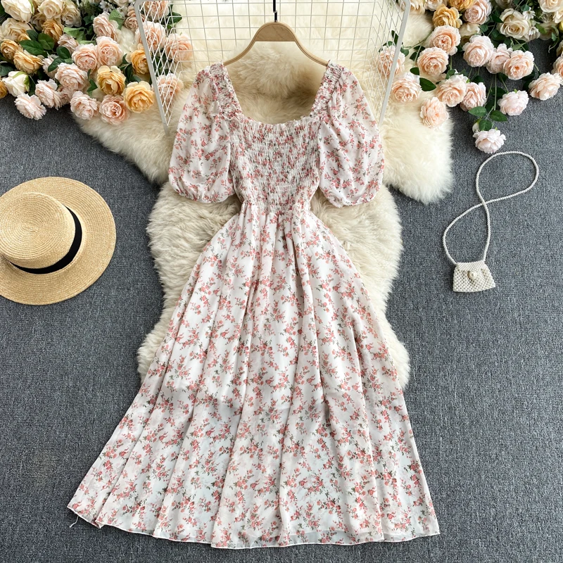 

FMFSSOM 2021 Summer Casual Sexy Dress Women A-LINE Flare Sleeve Elastic Square Collar Vintage Elegant Dress Fashion Clothes