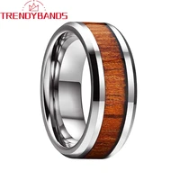 8mm koa wood inlay mens womens tungsten carbide rings wedding band beveled edges polished shiny comfort fit