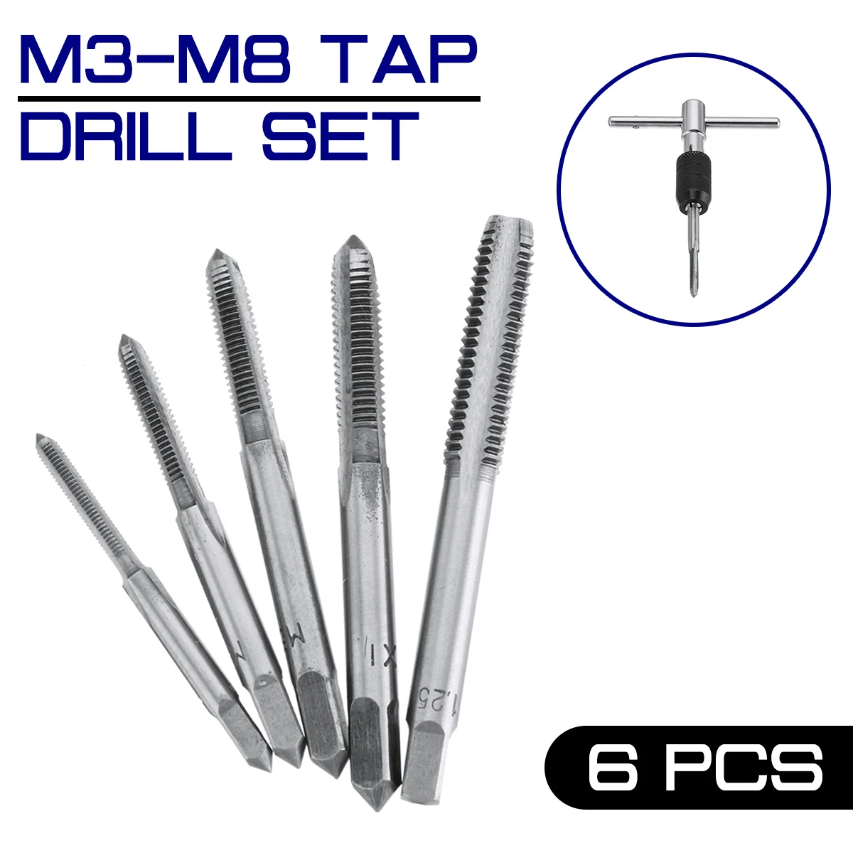 

M3-M8 6Pcs Tap Drill Set T Handle Ratchet Tap Wrench Machinist Tool With Alloy Steel Screw Tap Hand