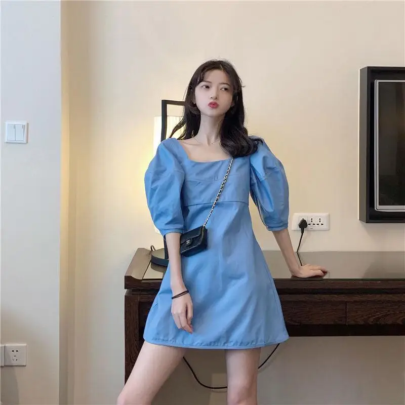 

Robe D Ete 2020 Vintage Solid Blue Summer Dresses Woman Elegant Slim Fashion Square Neck Puff Sleeve Party Dress Zomer Jurk