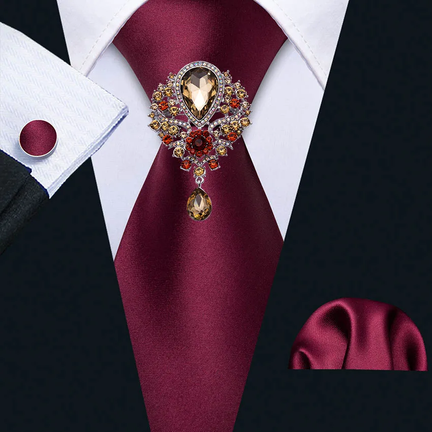 Corbata de seda satinada roja para hombre, broches de diamantes de imitación, conjunto de corbata de boda, corbatas sólidas de diseñador de moda, regalo para fiesta