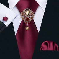 red satin silk tie rhinestone brooches men wedding tie hanky set barry wang fashion designer solid neckties for men gift party