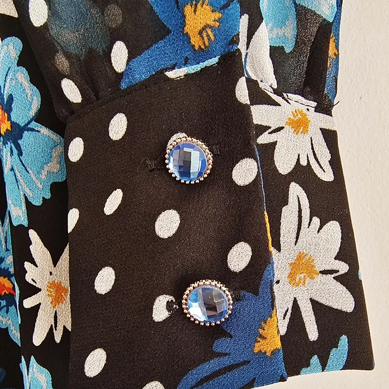 

High Quality High Street Dress Spring/Summer New Slim Floral Print Long-sleeved Dress with White Bow and Ribbon