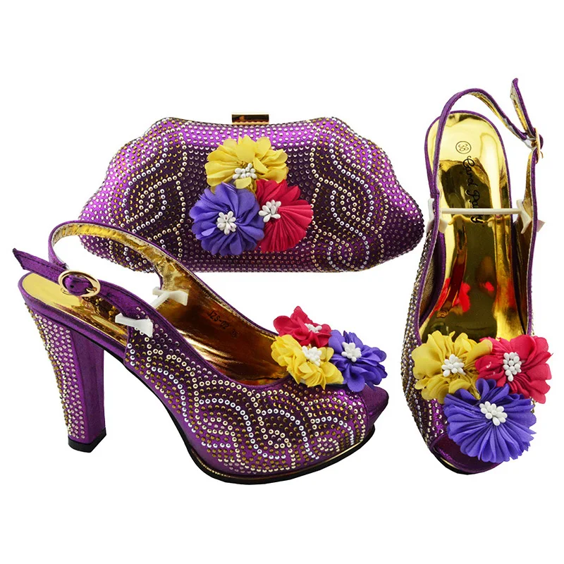 

2021 Purple Color African Women Shoes and Bag Set Decorated with Rhinestone Italian Shoes with Matching Bag Set Italy Shoes