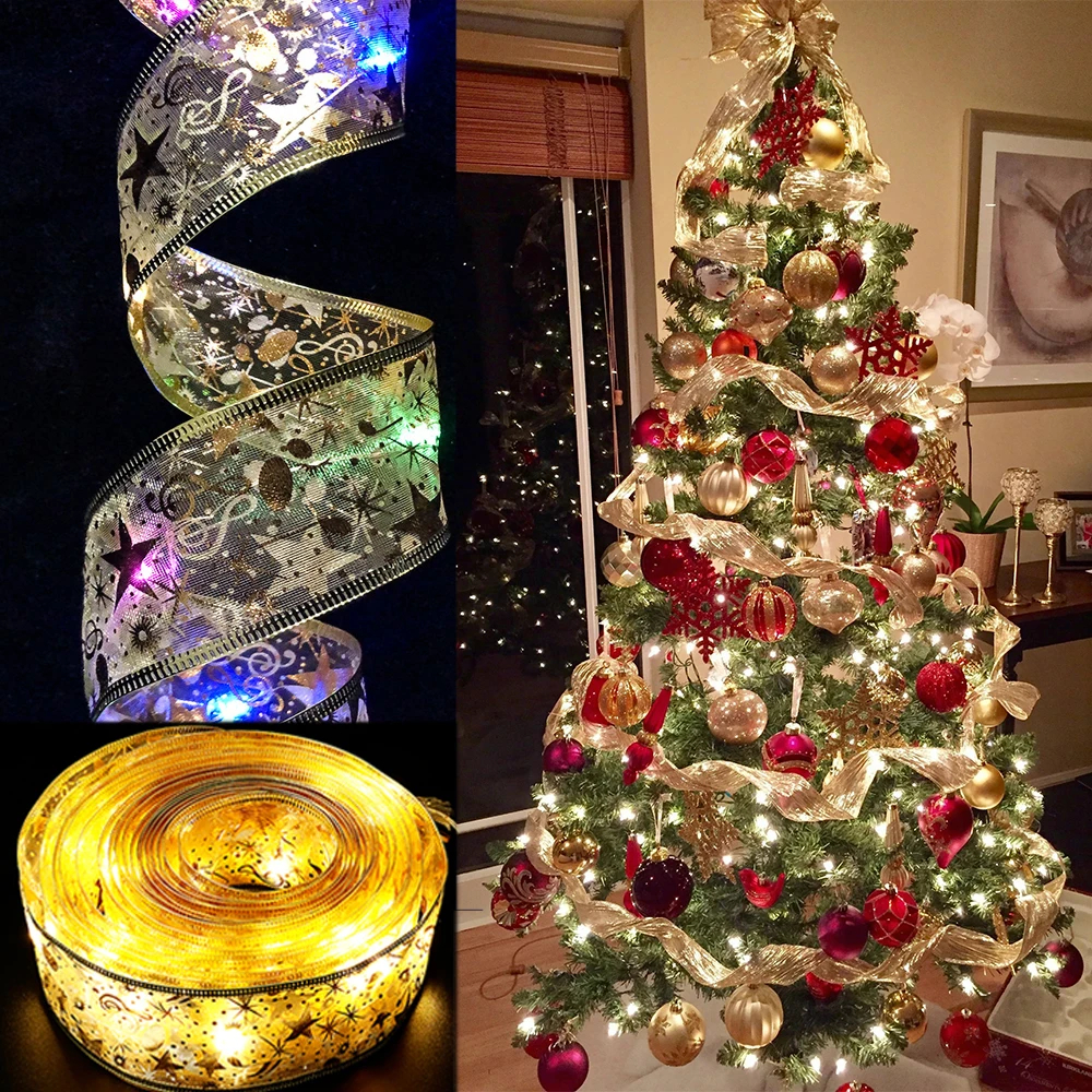 

Christmas Decoration LED Ribbon Lights Christmas Tree Ornaments DIY Lace Bows String Lights Navidad Home Decors New Year 2022