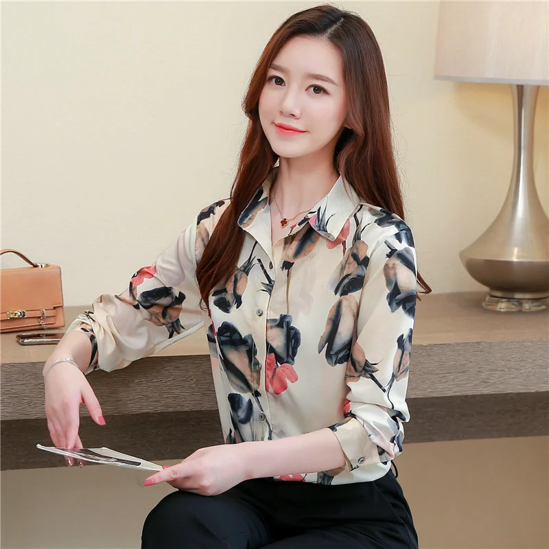 

Vintage Print Chiffon Blouse Women Shirts Long Sleeve Turn-down Collar Korean Womens Tops and Blouses Plus Size Camisas Mujer