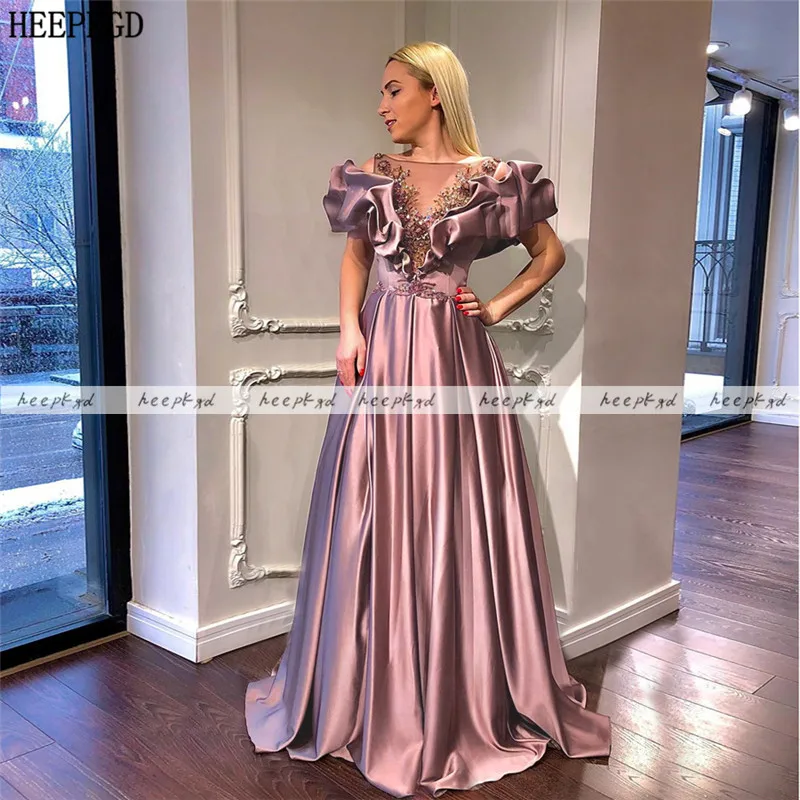 

New Dusty Rose Crystal Satin Long Evening Dress Short Sleeves A Line Plus Size Women Formal Gowns Arabic Party Dresses Customize