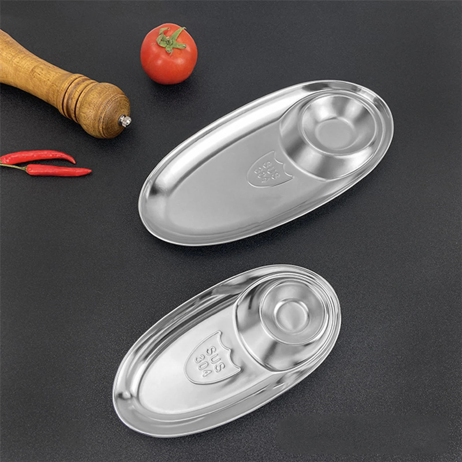 

304 Stainless Steel Divided Plate Oval 2-Section Snack Serving Sauce Dish Plates Western Fried Chicken Fries Supplies Tableware