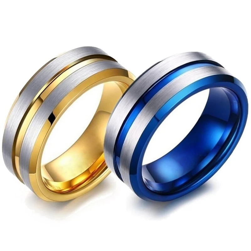 

Fashion Ring Men 8MM Gold-Color Stripe/Blue Groove Ring For Men Accessories Wedding Bands Jewelry Love Gift