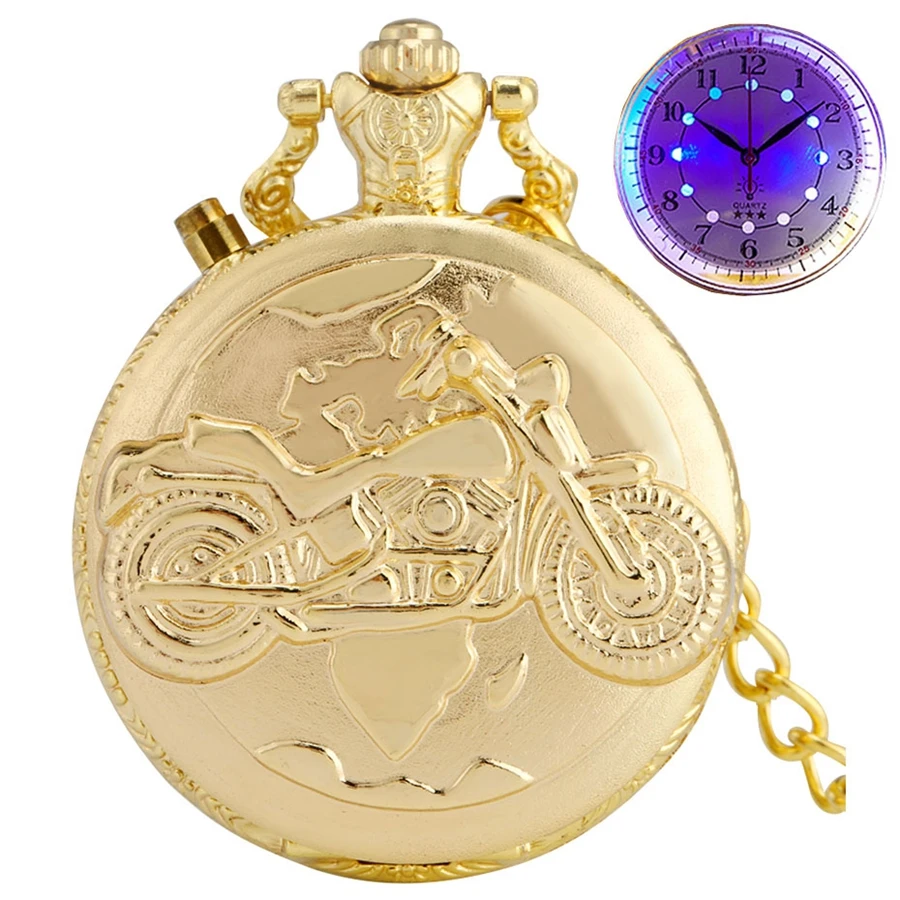 Bronze Luminous LED Dial Motorcycle Motorbike MOTO Quartz Pocket Watch Chain Carved Steampunk Chain Pocket Fob Watch Clock Gifts images - 6