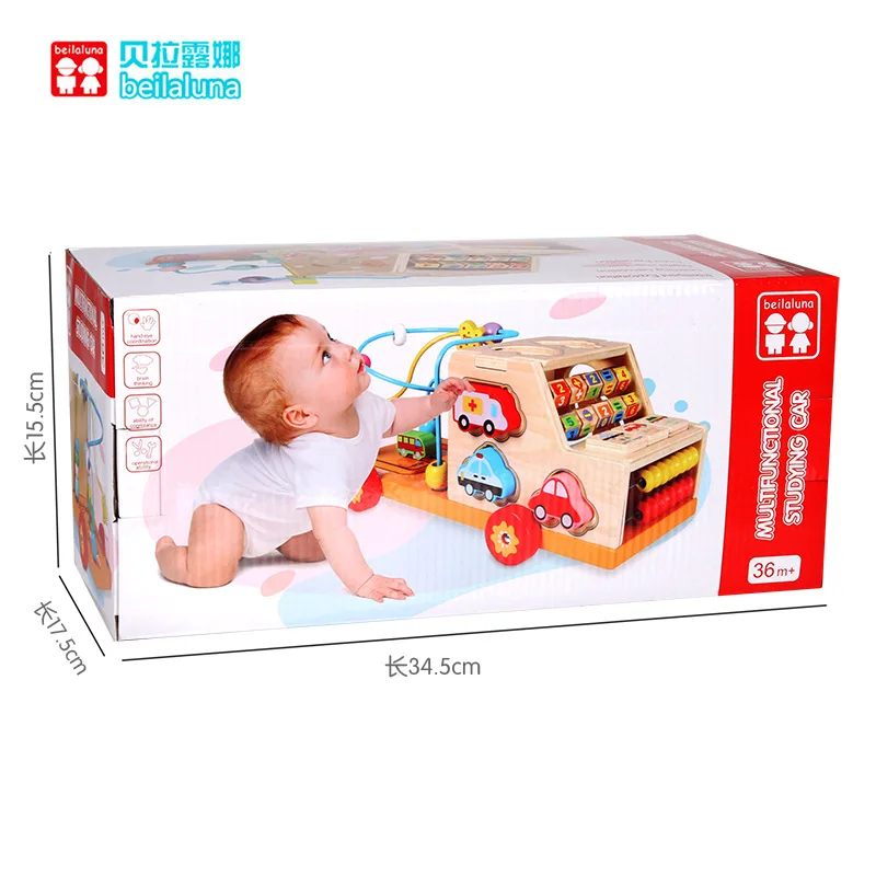 

Early childhood education for baby wooden multi-function beaded drag cart baby puzzle shape matching digital operation walker