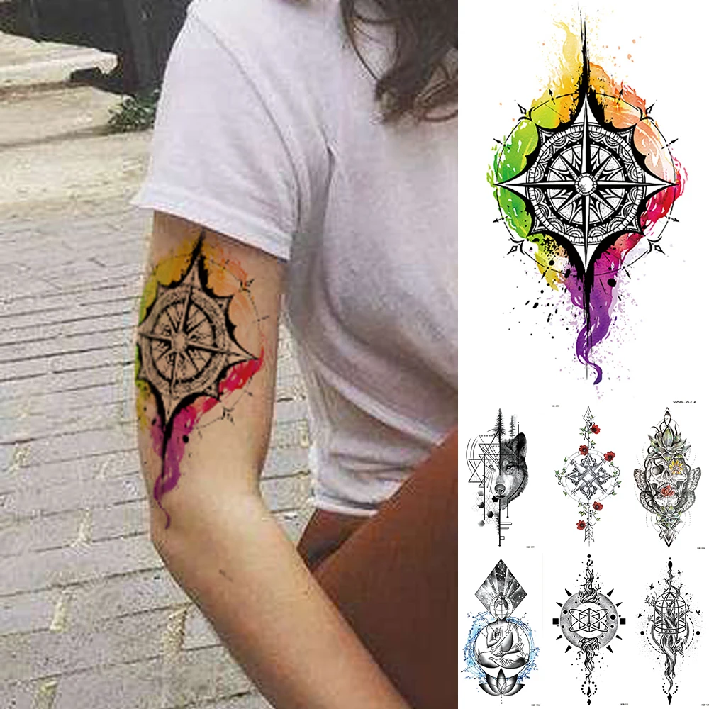 

Body Art Waterproof Temporary Tattoo Sticker Rainbow Compass Flash Tattoos Skull Rose Wolf Arm Fake Tatoo Women Men