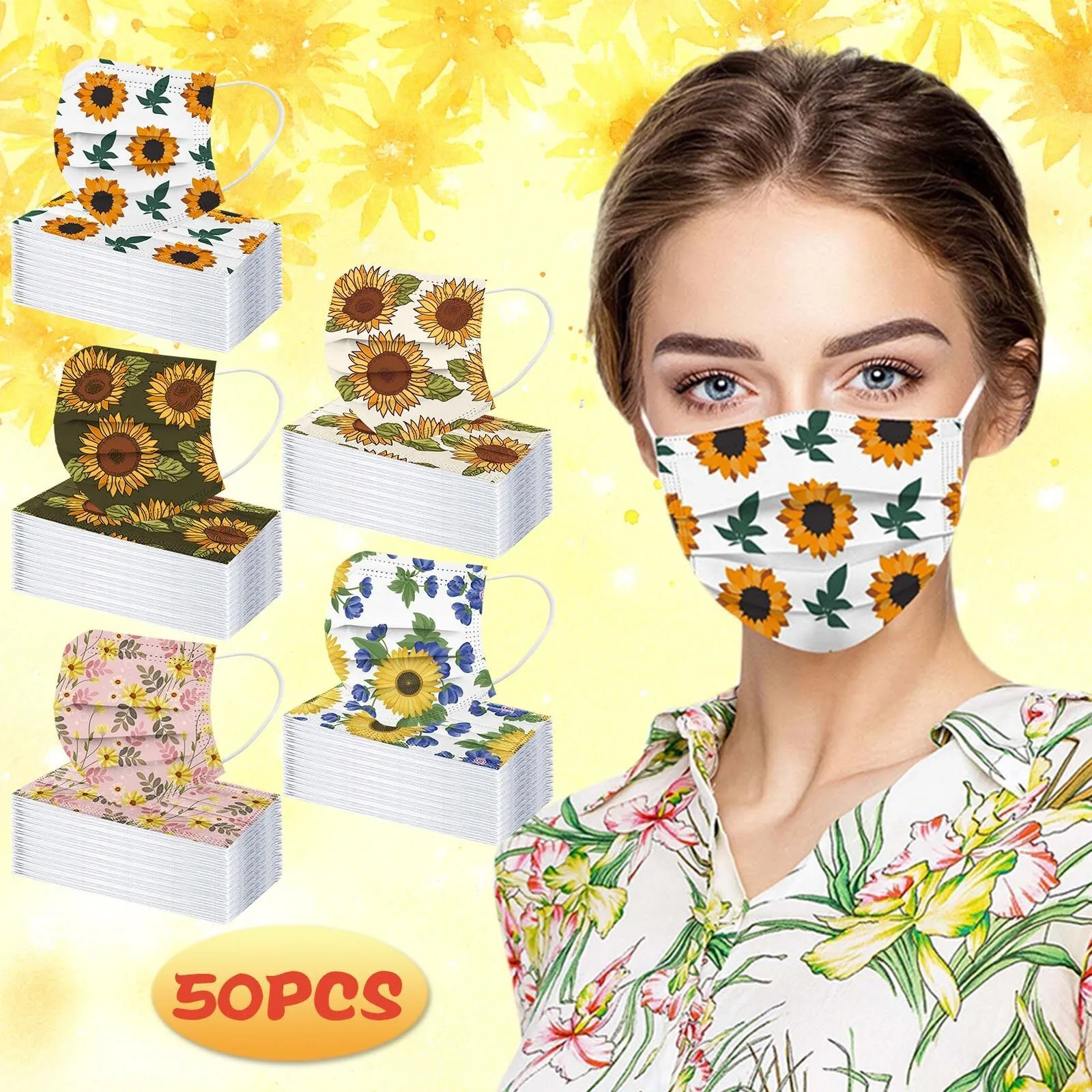 

50pcs Sunflower Print Mask Disposable Face Mask For Protection Earloop Mask Fabric Masks Halloween Cosplay Cubrebocas Mascarilas