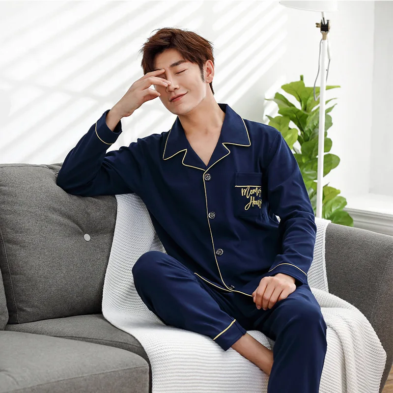 

Simple Casual Style Men's Sleepwear Suit Long Sleeve Cotton Cardigan Home Wear Comfortable Blue Lapel Casual Pajamas Autumn 2021