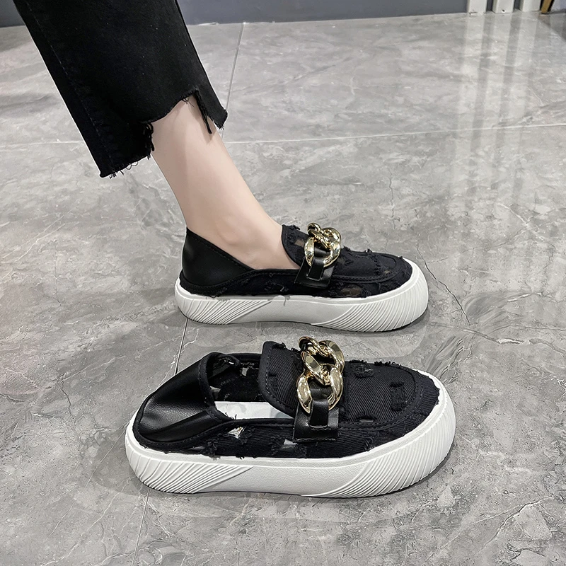 

2021 Women's Loafers Slip-on Chain Breathbale Casual Female Shoes Non-slip Platform Handmade Round Toe Woman Board Shoe