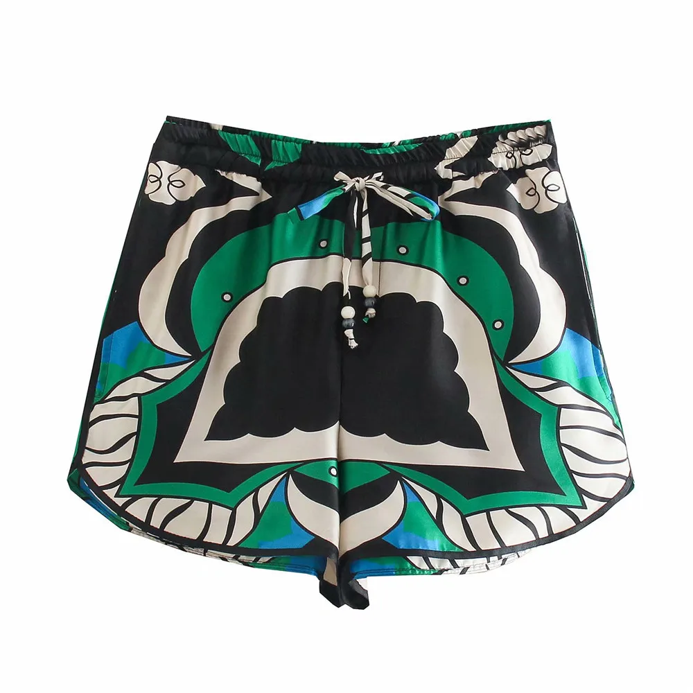 Women Fashion Shorts Side Pockets Contrast Tropical Leaves Printed Bermuda Shorts High Elastic Waist Side Vents Short Pants