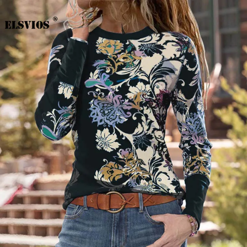 Женская футболка с круглым вырезом винтажным цветочным принтом длинным рукавом |