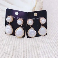 24k gold rhinestone natural freshwater pearl stud long dangle earring new fashion geometric pearl earring for lady woman 1pairs
