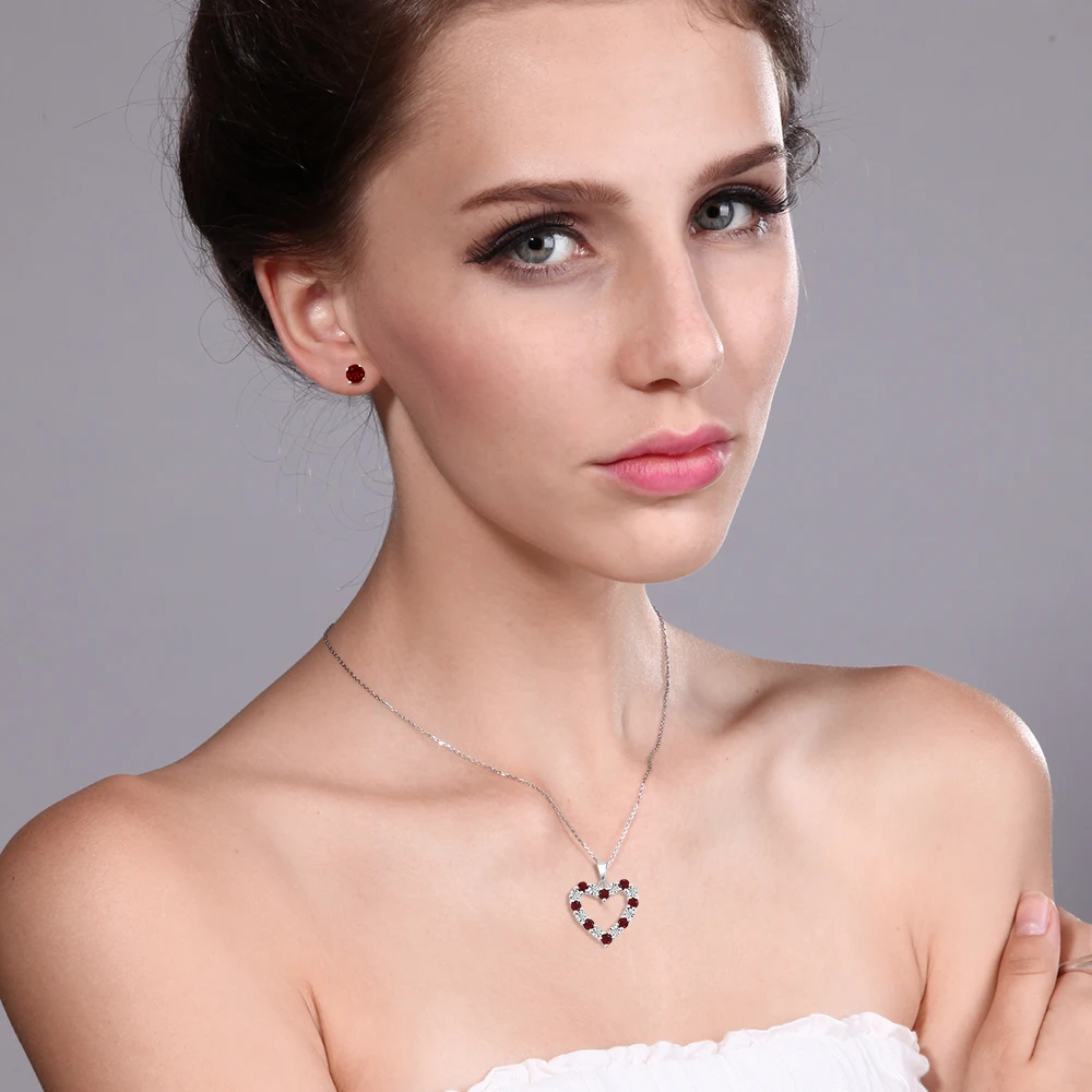 GemStoneKing натуральный бриллиант и красный гранат сердце кулон серьги набор Твердое