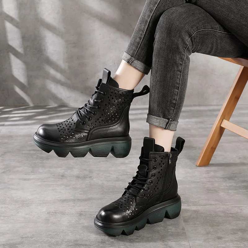 

YourSeason Ladies Vintage Genuine Leather Sandals 2021 Summer Shoes Zip Handmade Concise Platform Women Shoes Hollow Lace Up