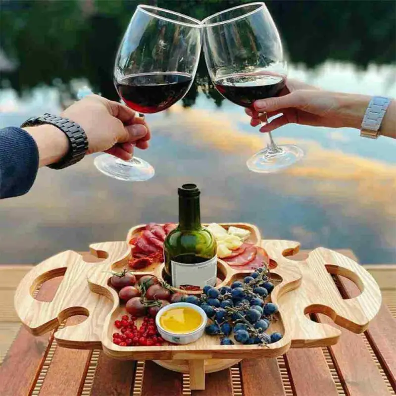 

Деревянный уличный винный столик, складной столик для пикника со стеклянным держателем 2 в 1, стойка для бокалов для вина, уличная портативна...
