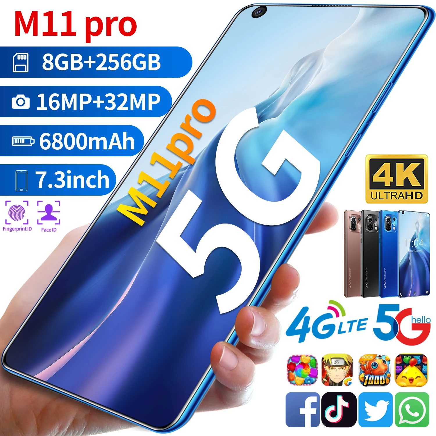 

M11 Pro Full Screen 7.3 Inch FHD Smartphone 8+256GB Face Unlock 4G Dual SIM Cards Support T Card Rear 16MP+32MP HD Camera