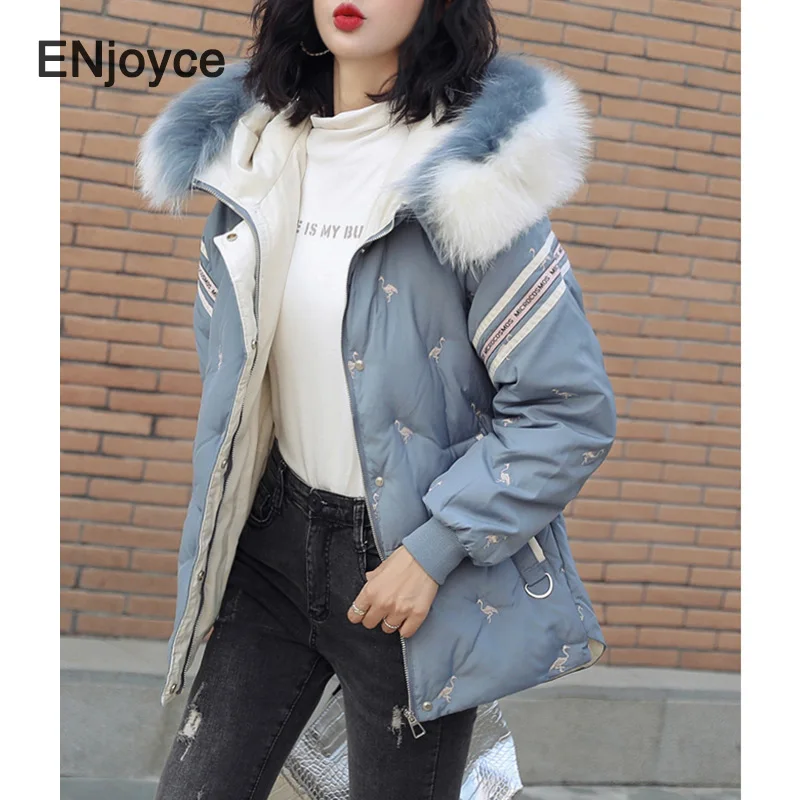 

New Warm Winter Faux Fur Collar Hooded Jacket Korean Woman Parka Sweet Preppy Style Thicked Loose Short Cotton Padded Coats