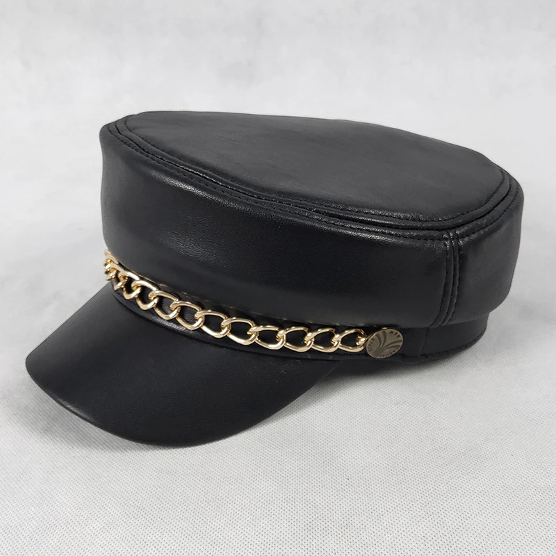 

Real Leather Military Cap Men Army Cap Sailor Hats For Women Men Flat Top Female Travel Cadet Hat Captain Military Sheepskin Hat