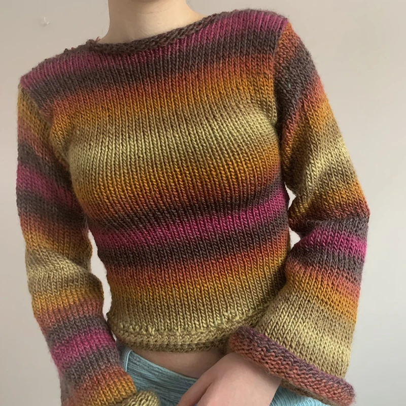 

Autumn Winter 90s Vintage Knitted Sweaters Striped Crimping Cropped Pullovers Chic Women Kawaii Knitwear y2k Retro Streetwear