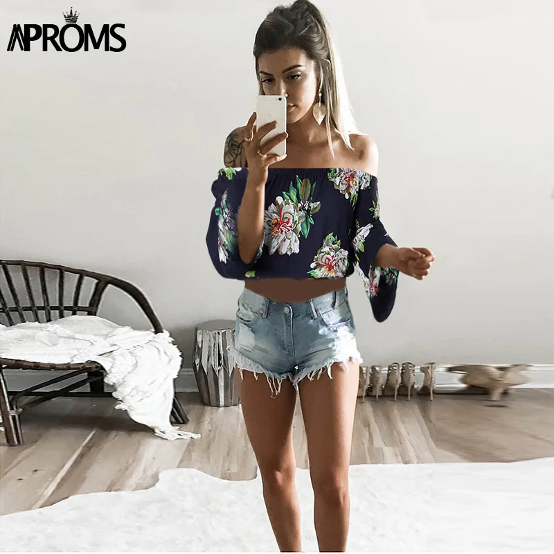 Aproms, рукав-фонарик, Boho, цветочный принт, безрукавка, топы, элегантный, с открытыми плечами, укороченный Топ для женщин, летняя одежда, уличная одежда, футболки, майки