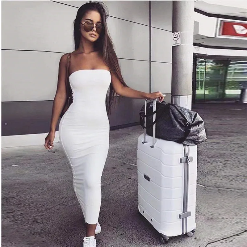 

2021 new European and American summer women's sexy sleeveless wrap chest bag hip long beach dress