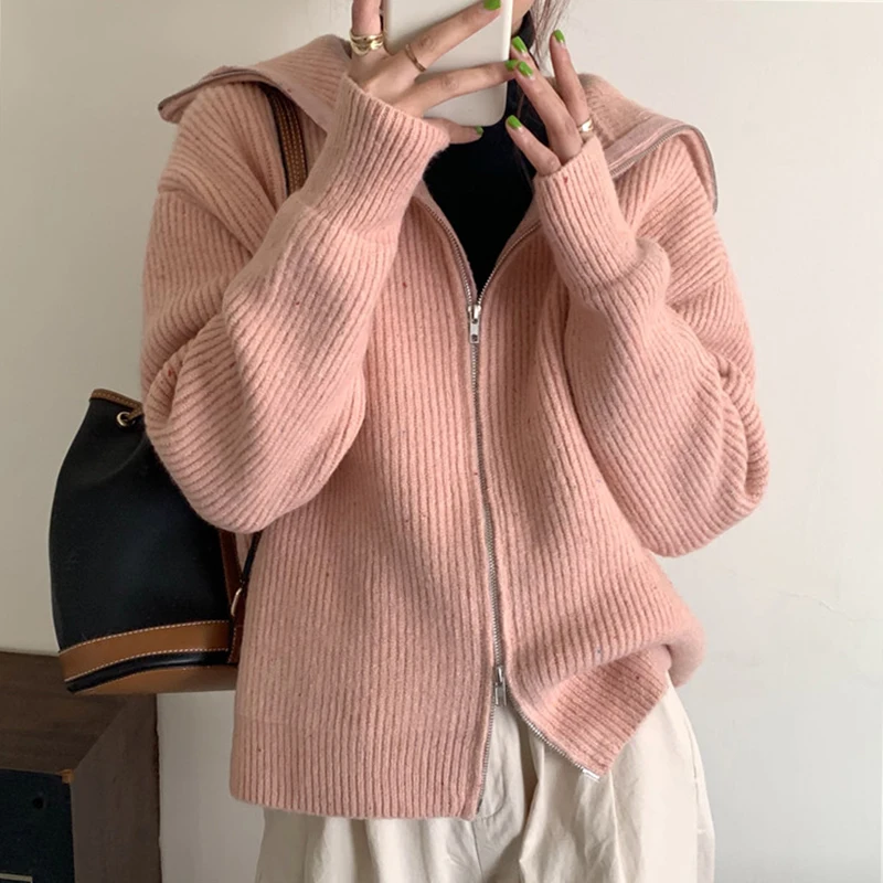 

Fashion Turtleneck Long Sleeve Cardigan Women Fall Winter Knitting Solid Color Zipper Thick Warm Sweater Cardigans YOU740