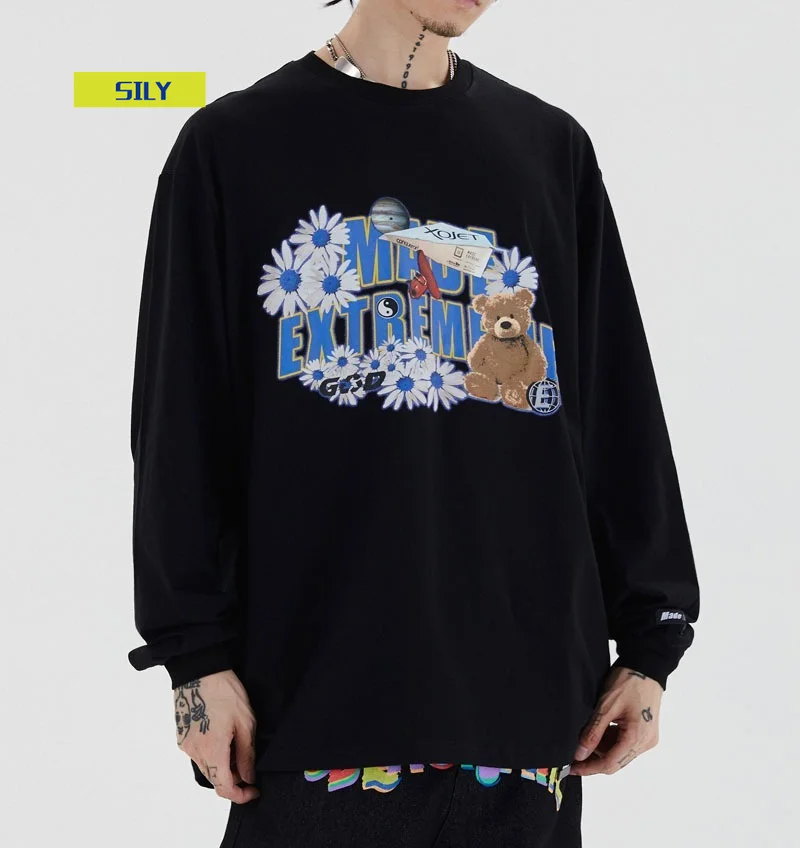 

European street popular logo old style cartoon bear print loose BF couples casual round collar long sleeveT-shirtformenandwomen