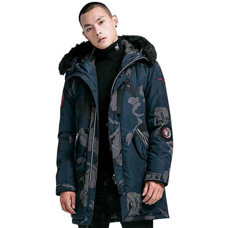 Blue Camo Мужская Длинная зимняя куртка, камуфляжная толстая пуховая парка, пальто с меховым воротником, верхняя одежда с хлопковой подкладкой, шапка, съемное пальто, большие размеры 4XL - Цвет: Blue Camo