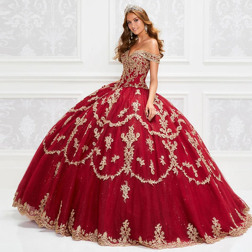 

Платье принцессы без рукавов, Бальное красное милое платье для выпускного вечера с открытыми плечами и золотой аппликацией, 16 лет, 15 лет