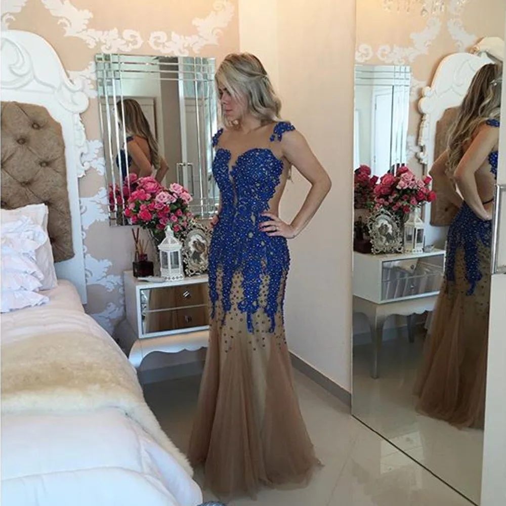 

Sexy Backless Mermaid Long Prom Dress Dress 2015 Vestido De Festa Longo Royal Blue Pearl Cheap Evening Dresses Party Elegant