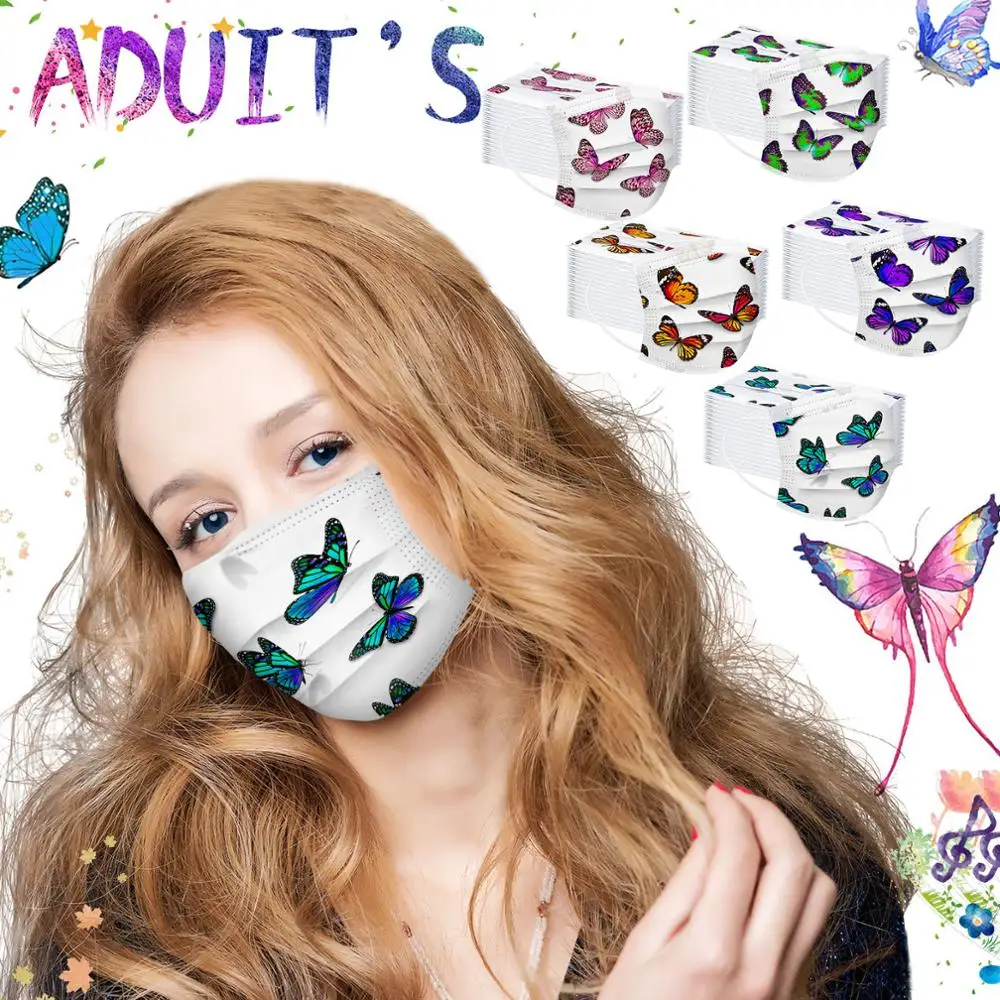 

Butterfly Print Mask Disposable Nonwove 3 Layer Ply Filter Mouth Face Medical Mask Meltblown Breathable Earloops Surgical Mask