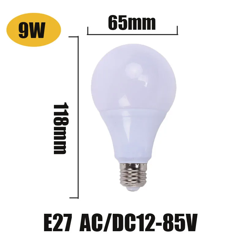 AC/DC E27 светодиодный лампы 12v Светодиодный светильник 24v Светодиодный светильник е-байка 36В светодиодный лампада ампулы Bombilla с алюминиевой крышкой, 50В для кемпинга и корабль на открытом воздухе светильник Инж - Emitting Color: E27 9W AC-DC12-85V