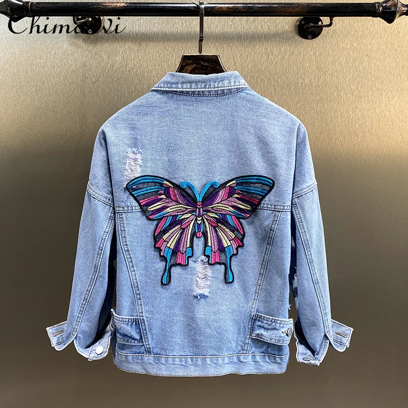 

Женская джинсовая куртка с вышивкой, Короткая свободная куртка бойфренда в Корейском стиле с бабочками, приталенная джинсовая куртка, весн...