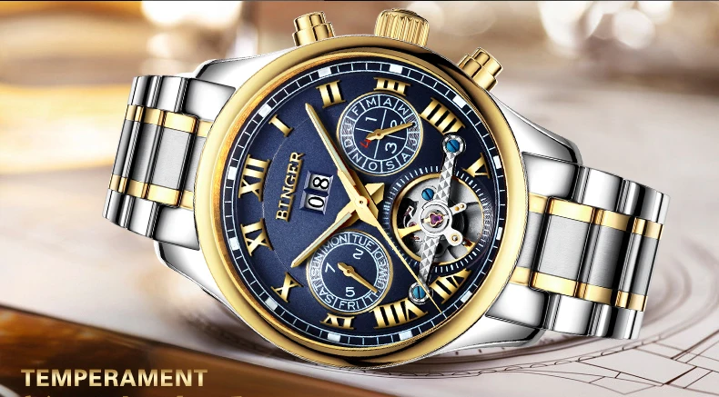 Швейцарские Бингер мужские часы люксовый бренд Tourbillon сапфир светящиеся несколько функций механические наручные часы B8602-7