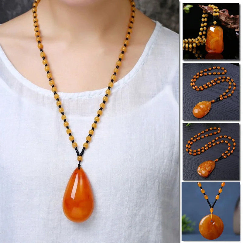 

Vintage Ethnic Style Amber Color Resin Pendant Necklace Men Women Party Casual Choker Beads Rope Sweater Chain Luck Jewelry Gift