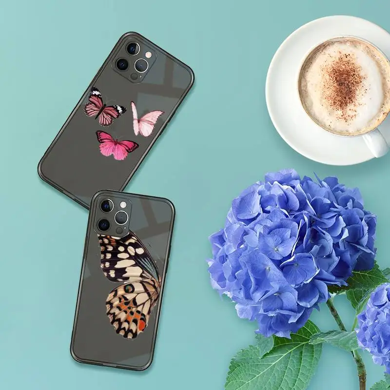 

Cute Butterfly pink animal fly Phone Case For iPhone 7 8 11 12 X XS XR MINI Pro Max Plus Retro Black Grey clear transparent